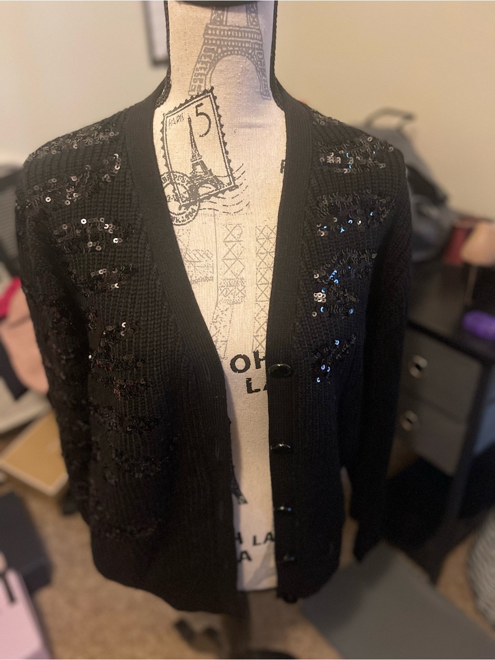 Dkny Black Sequin Embellished Button-Front Cardigan
